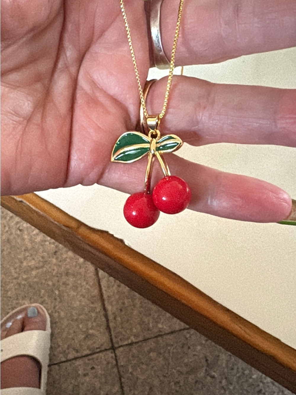 Gold Cherry Pendant Necklace with Red Enamel Cherries and Green Leaves